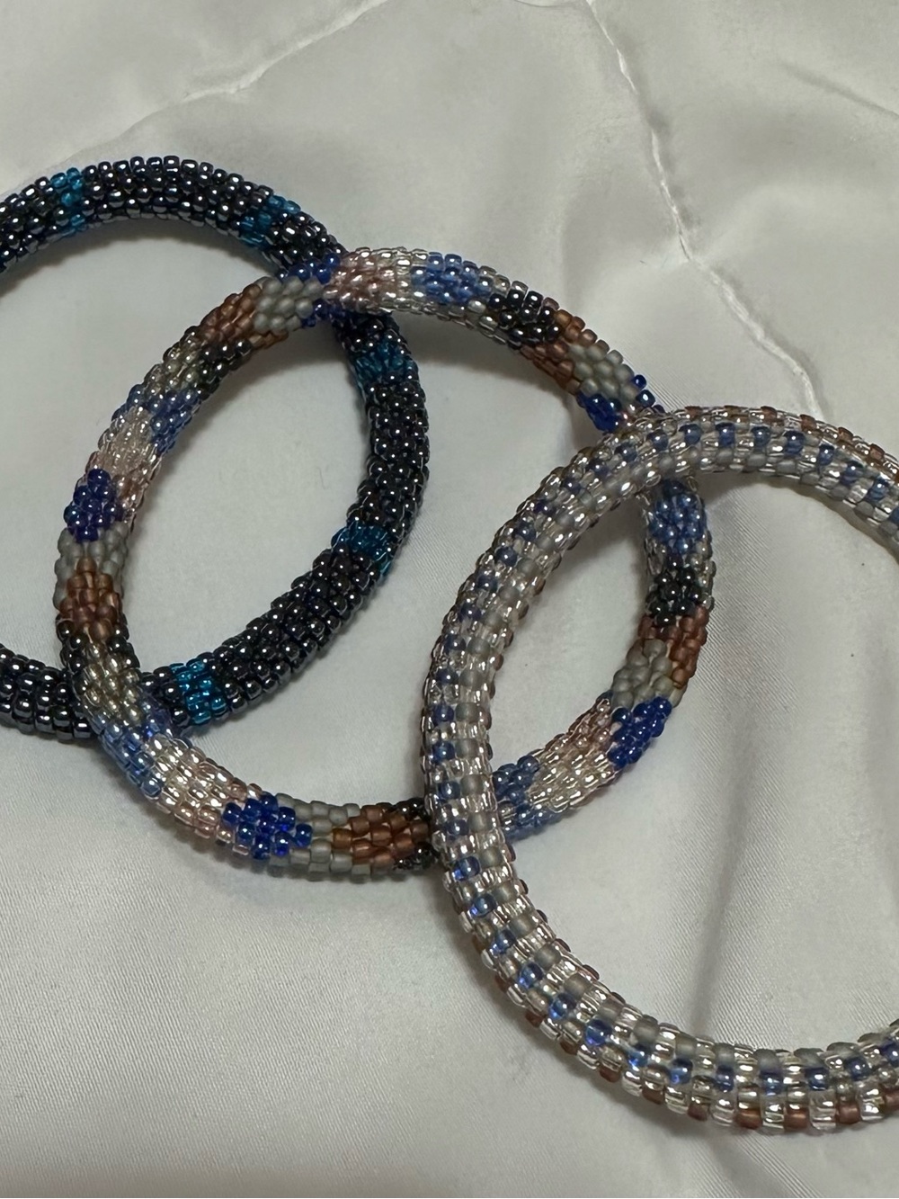 Handcrafted Seed Bead Bracelet Set in Blue, Silver & Brown